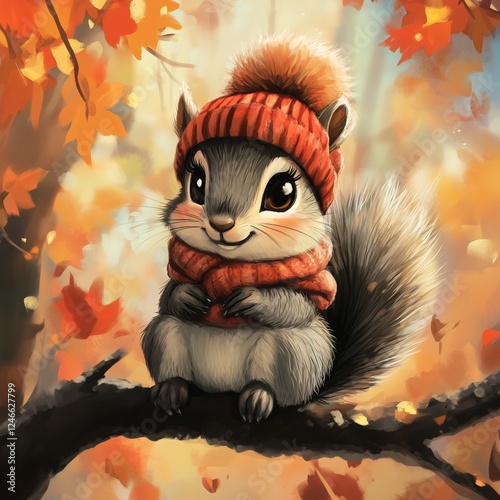 A cute little squirrel wearing winter