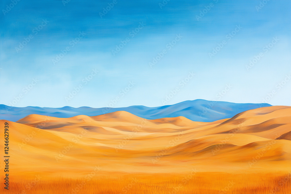 A vast desert with rolling golden dunes under a clear blue sky A vast desert with rolling golden dunes under a clear blue sky