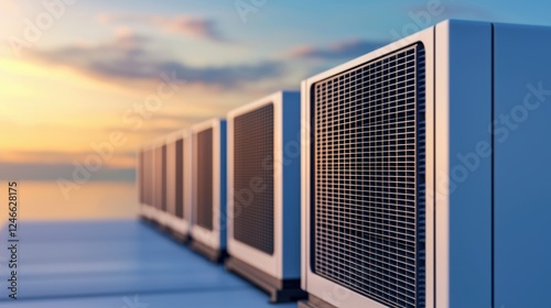 Modern air conditioning units line a rooftop, basking in the warm glow of a sunset, showcasing sleek design and efficient cooling technology.