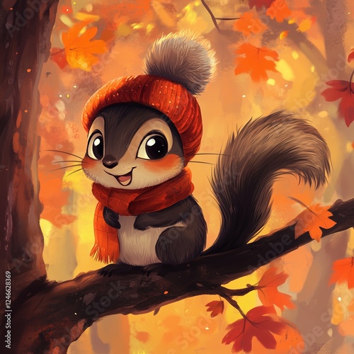A cute little squirrel wearing winter