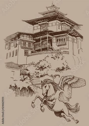 Monastery in the Mountains and the Unicorn. Line illustration of mountain landscape made by hand with pen and ink.