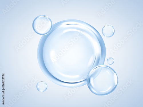 Transparent blue liquid bubbles. Cosmetic oil, serum or essence. Skincare product. Concept skin care cosmetics solution. Vector illustration