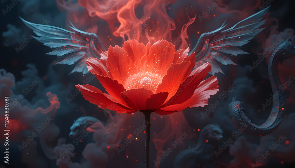 Obraz premium Fiery Red Flower with Blue Wings and Snake in Dark Smoky Setting