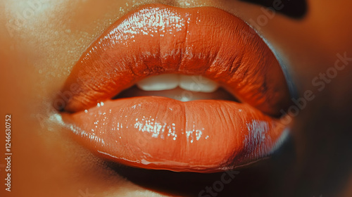 of coral gloss being applied with a wand, catching the light for a plump effect  photo