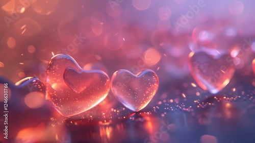 A close-up view of glowing, translucent hearts floating in a dreamy, ethereal atmosphere with soft, shimmering lights in the background creating a magical and romantic scene