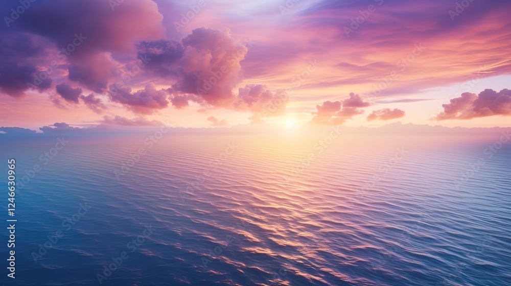 Aerial view of a sunset over calm ocean waters. Possible use Stock photo for nature, travel, or background imagery Aerial view of a sunset over calm ocean waters. Possible use Stock photo for nature, travel, or background imagery