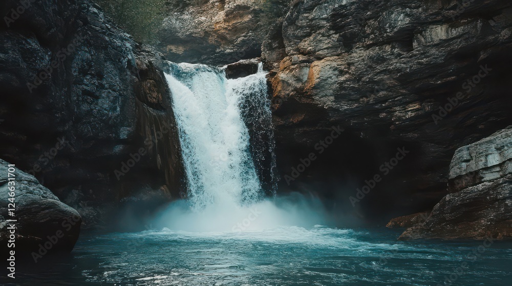 Naklejka premium Majestic Waterfall Surrounded by Rocky Cliffs