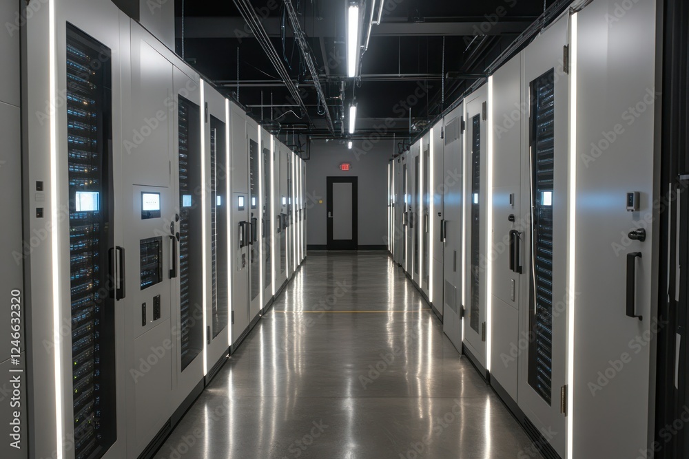 Naklejka premium Modern Data Center Interior Featuring Server Racks in Rows with Illumination and Cables