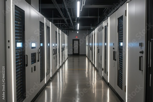 Modern Data Center Interior Featuring Server Racks in Rows with Illumination and Cables