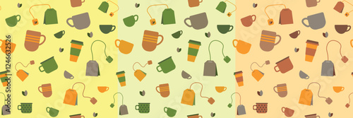 Seamless pattern with cups and tea bags, beige brown color, tea ceremony theme, cafe