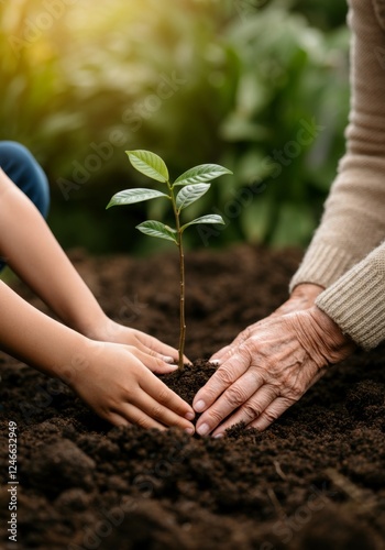 Intergenerational hands planting young sapling in rich soil outdoors