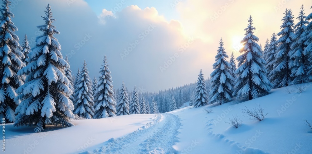 Snowy forest on Volosyanaya mountain with frosty air, forest, crisp Snowy forest on Volosyanaya mountain with frosty air, forest, crisp