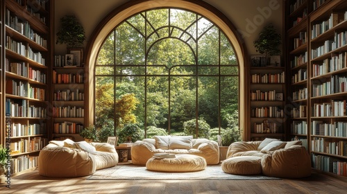 Bright home library with soft armchairs