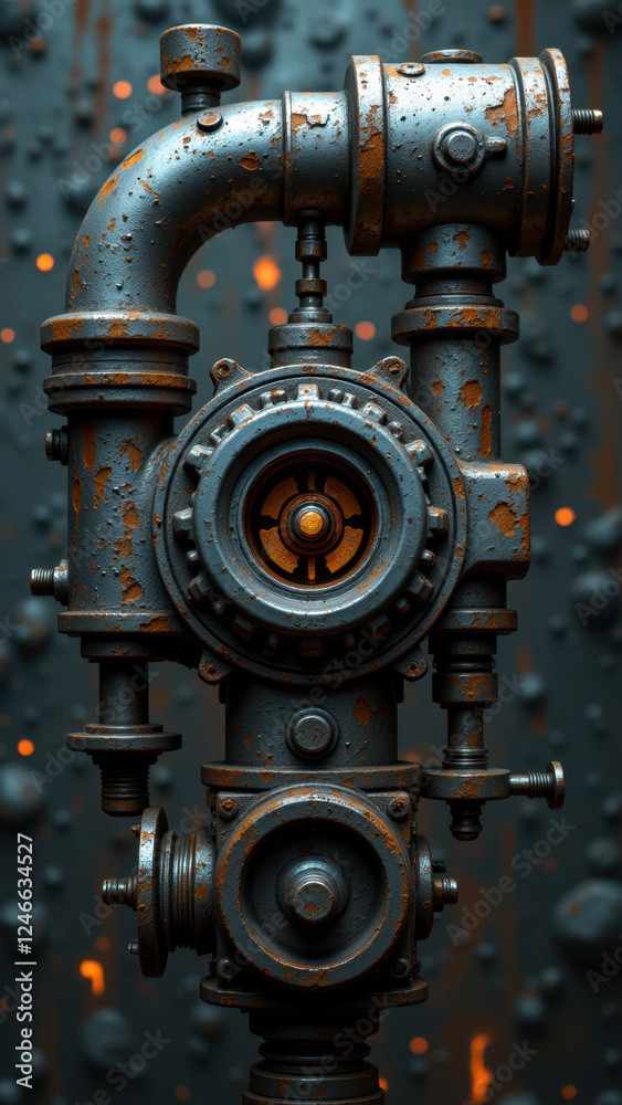 Industrial metal piping with rusted surfaces against a dark backdrop. Industrial metal piping with rusted surfaces against a dark backdrop.