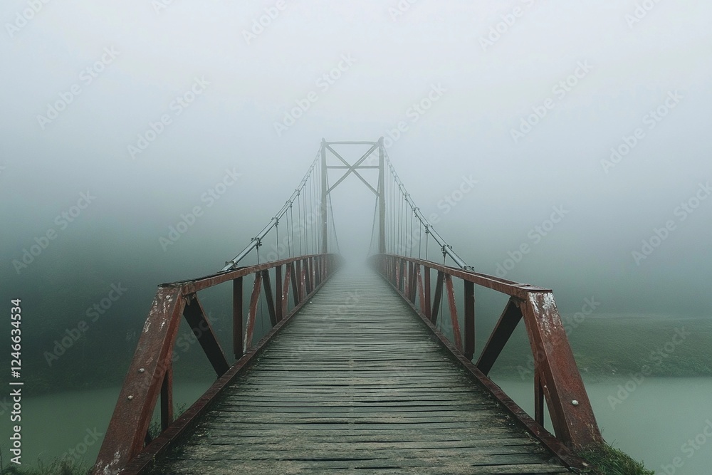 Fototapeta premium Misty wooden bridge leads to a lonely tree on a rocky island during early morning fog