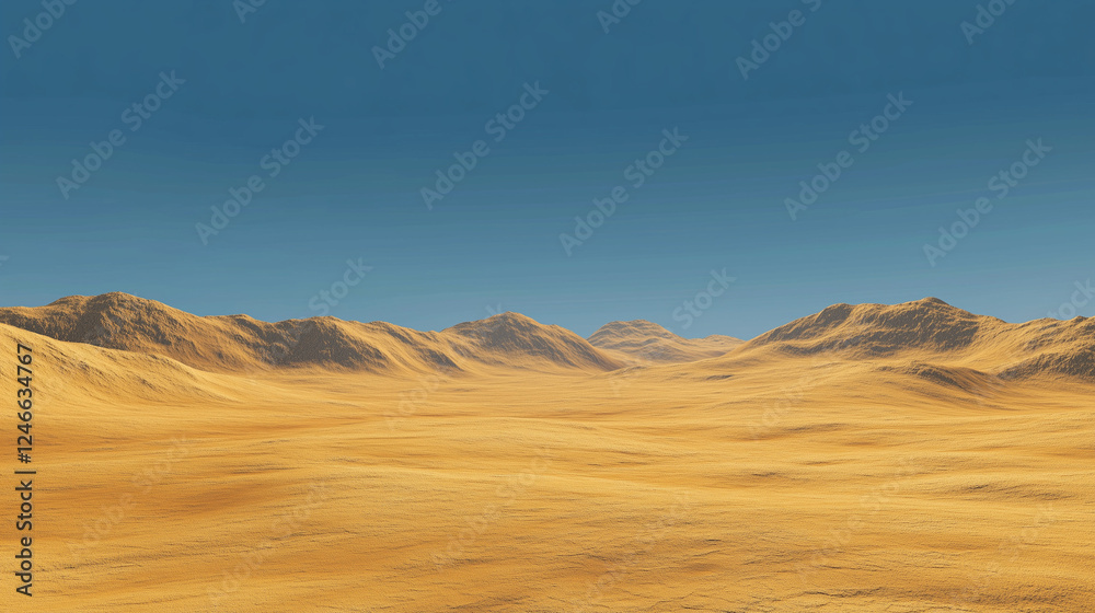 A vast desert with rolling golden dunes under a clear blue sky A vast desert with rolling golden dunes under a clear blue sky