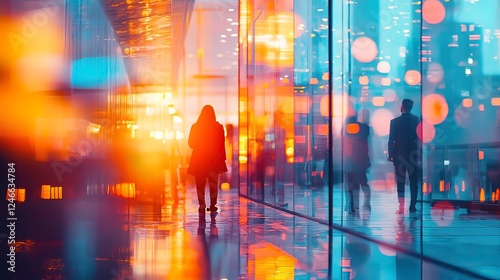 Cityscape pedestrian walkway, vibrant reflections, modern urban scene, daytime photo