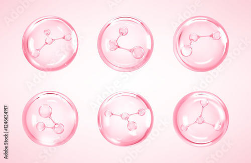 Molecules inside bubbles on pink background. Collagen serum bubble. Cosmetic essence. Hyaluronic acid. Skincare product. Concept skin care cosmetics solution. Vector 3d illustration