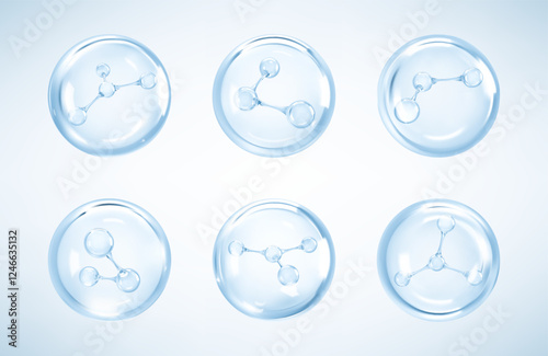 Molecules inside bubbles on blue background. Collagen serum bubble. Cosmetic essence. Hyaluronic acid. Skincare product. Concept skin care cosmetics solution. Vector 3d illustration