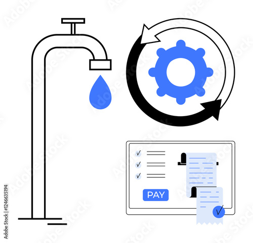 Water tap with a drop, circular arrow cogwheel, digital bill and checklist with pay button. Ideal for utility services, payment systems, automation, financial management, service maintenance, digital