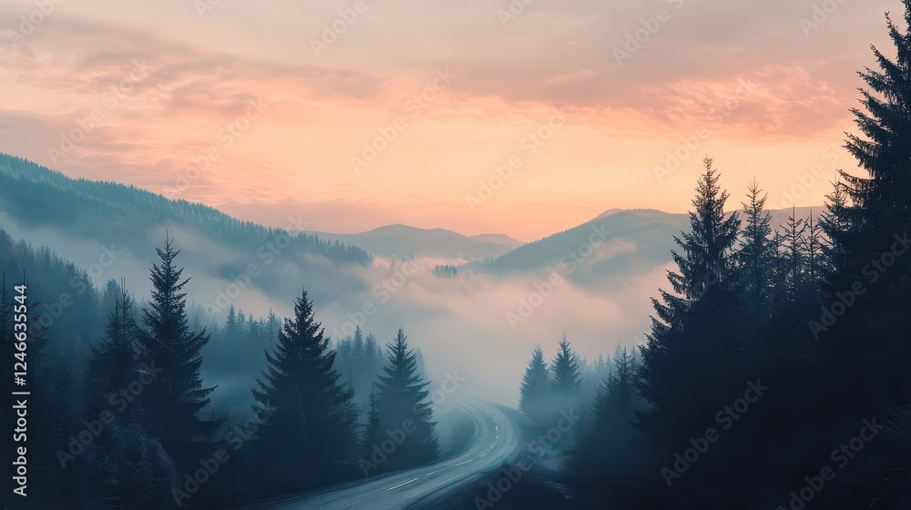 Obraz premium Serene Mountain Morning with Fog and Trees