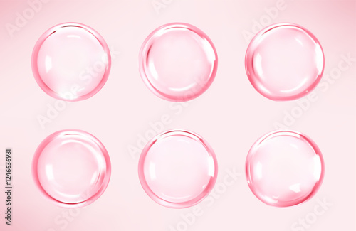 Transparent pink liquid bubbles. Cosmetic oil, serum or essence. Skincare product. Concept skin care cosmetics solution. Vector illustration