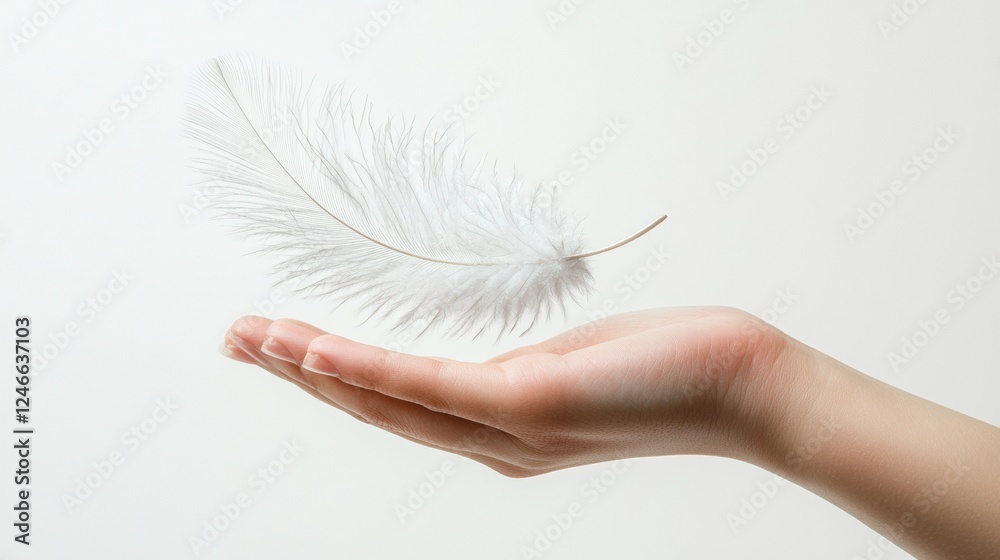 Fototapeta premium Delicate Hand Holding a Feather as it Floats Gently in the Air Against a Soft White Background