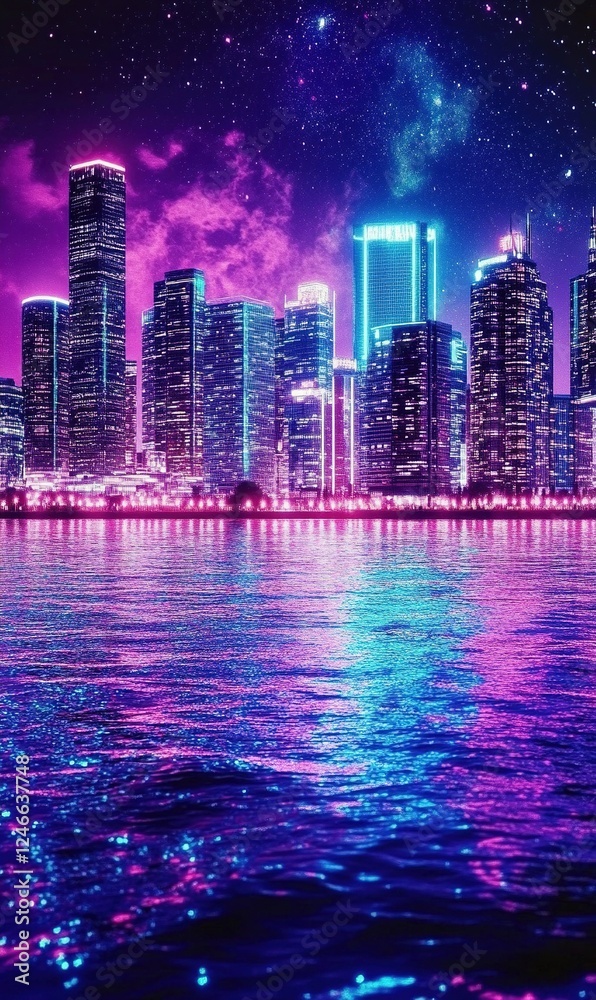 Fototapeta premium Neon cityscape reflected in water at night