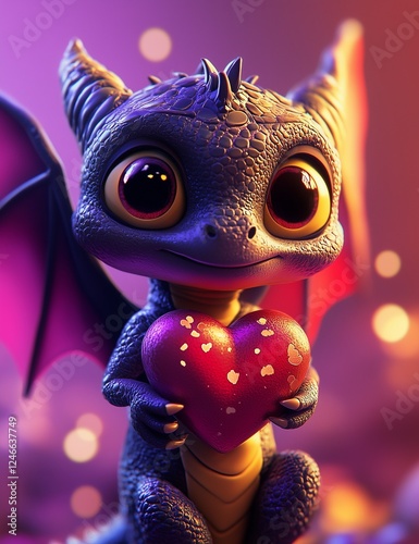 Cute baby dragon holding a heart