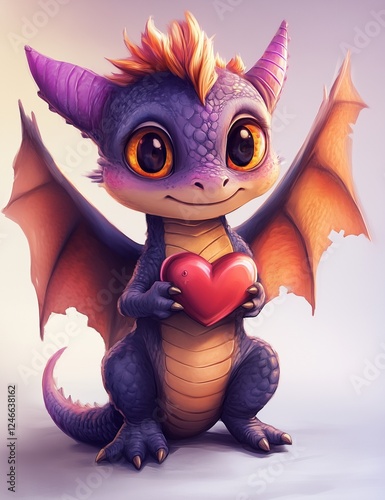 Cute baby dragon holding a heart
