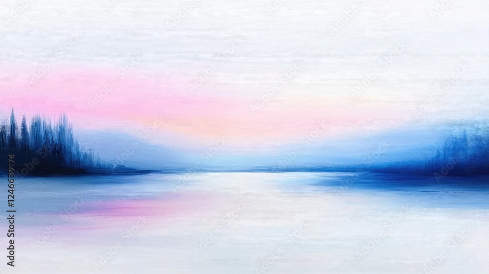 Fototapeta premium Serene pastel sunrise over calm lake, misty mountains