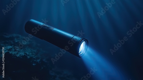 Underwater flashlight beam illuminating dark rocks photo