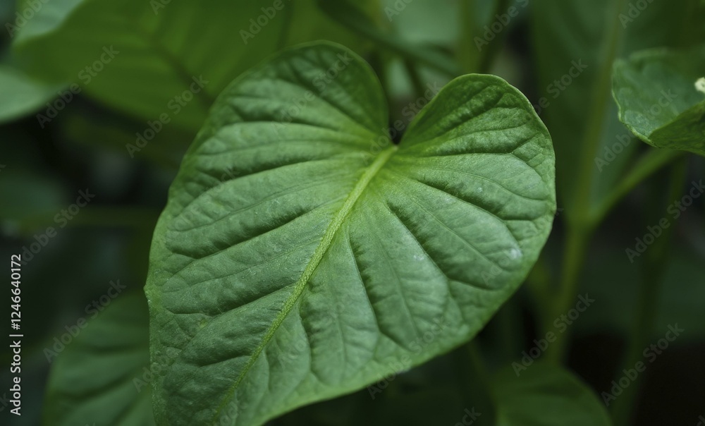 Close Up of Heart Shaped Green Leaf with Detailed Veins on Soft, Natural Background