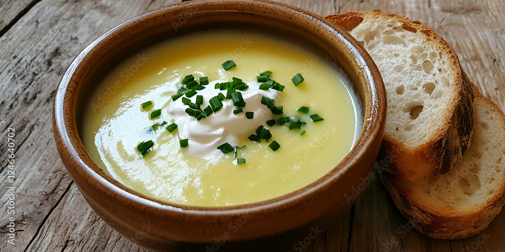 Creamy potato soup in rustic bowl, garnished with chives and sour cream, served with crusty bread. Perfect for cozy autumn or winter meals. Creamy potato soup in rustic bowl, garnished with chives and sour cream, served with crusty bread. Perfect for cozy autumn or winter meals.