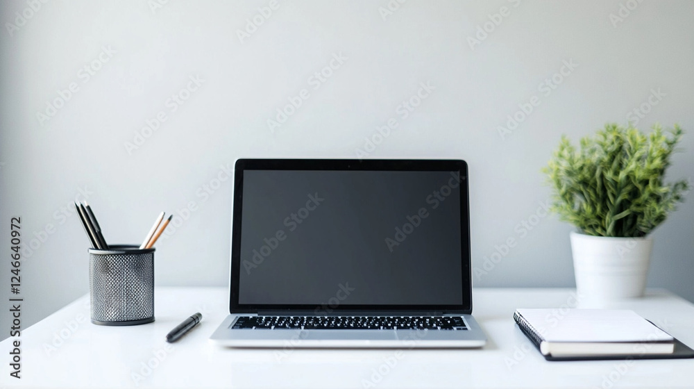 Fototapeta premium Minimalist workspace setup with open laptop on clean white desk, modern business productivity concept for remote work and professional efficiency