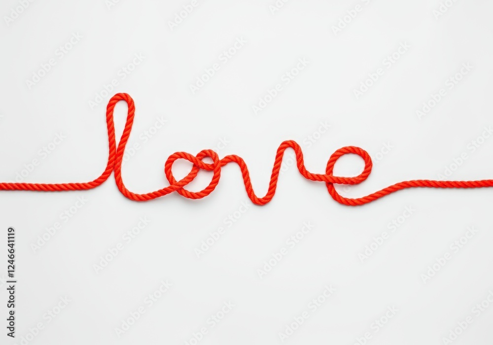 Fototapeta premium Red love word scripted in twisted rope on white background symbolizing romance