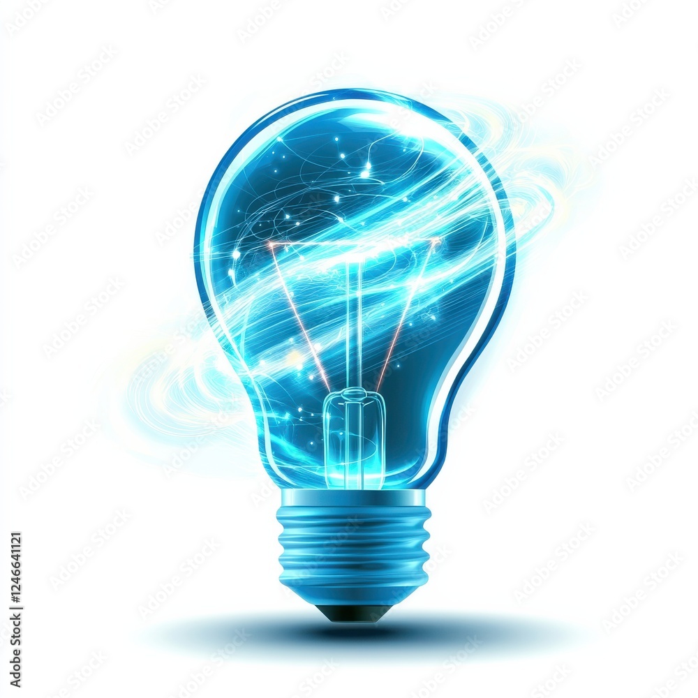 A glowing blue light bulb emits energy and creativity, symbolizing ideas and innovation in a modern, digital context. A glowing blue light bulb emits energy and creativity, symbolizing ideas and innovation in a modern, digital context.
