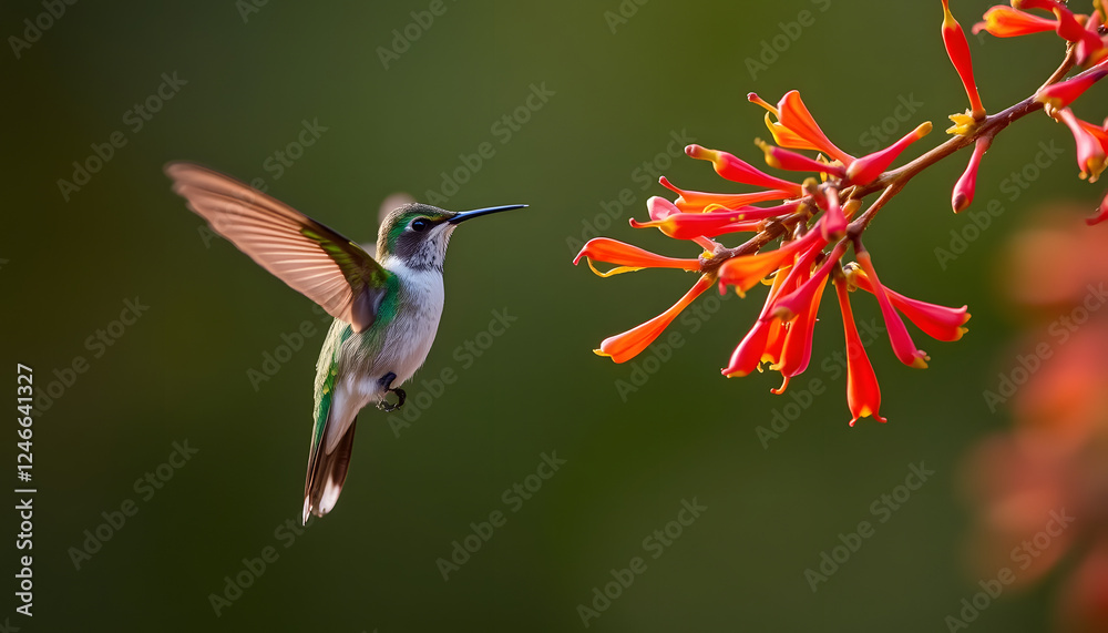 Fototapeta premium Green Hummingbird Hovering Near Red Flower