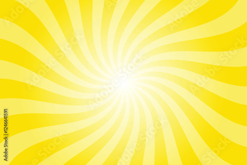 Abstract yellow background with rays retro starburst. Radial spiral stripes backdrop. Vintage sun beam texture. Sun rays pattern. Groovy retro swirl burst. Summer carnival background