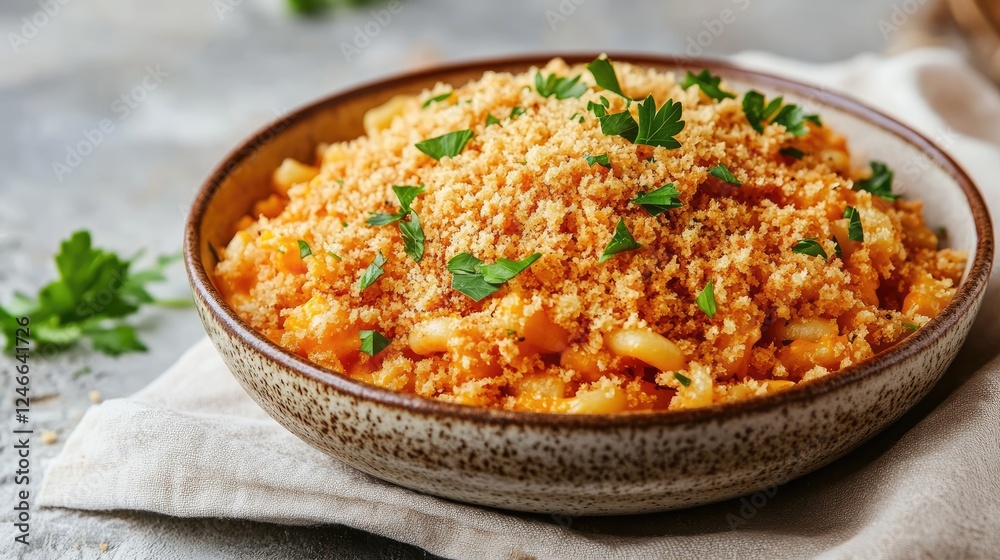 Close-up of a steaming bowl of macaroni and cheese topped with breadcrumbs and parsley, served on a soft linen napkin Close-up of a steaming bowl of macaroni and cheese topped with breadcrumbs and parsley, served on a soft linen napkin
