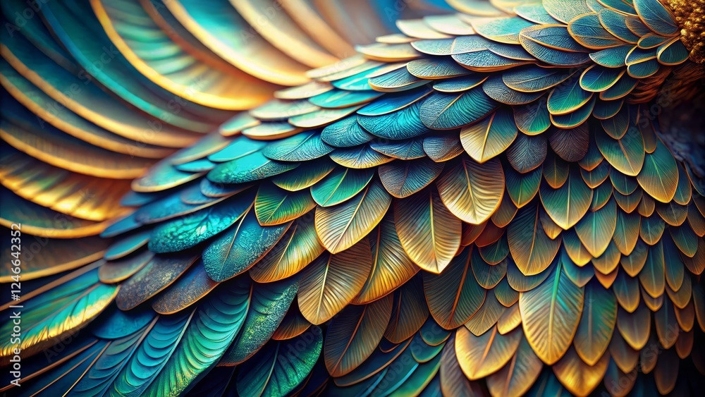 Obraz premium Colorful Feather Texture with Blue and Gold Hues for Design Use