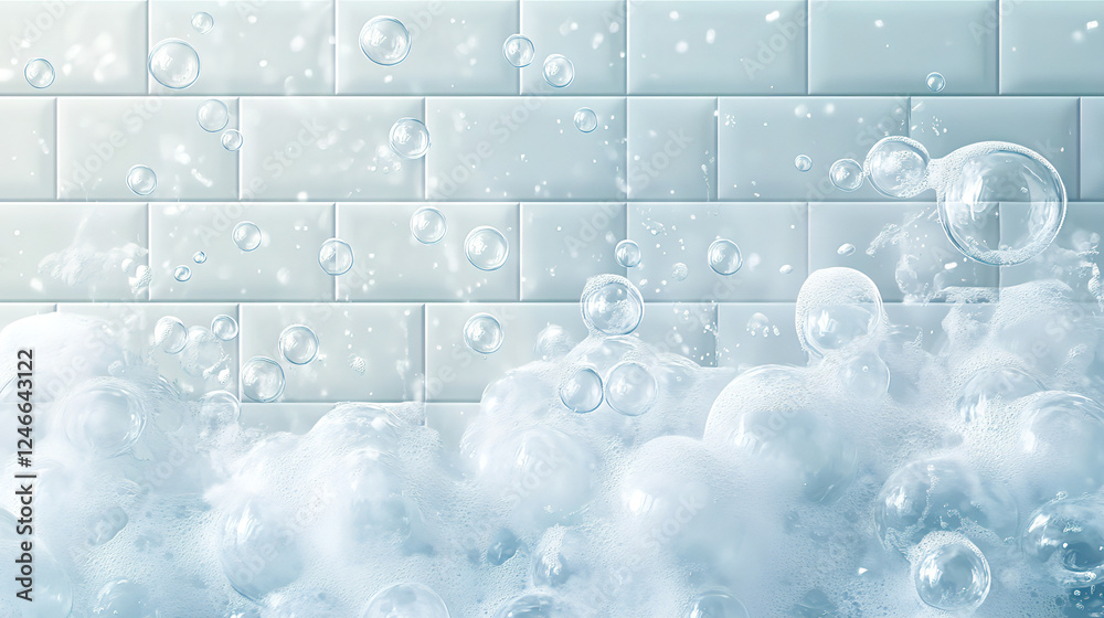 Fresh White Soap Bubbles Against Clean Subway Tile Background – Perfect Hygienic Concept for Bathroom Themes, Cleaning Products, and Spa