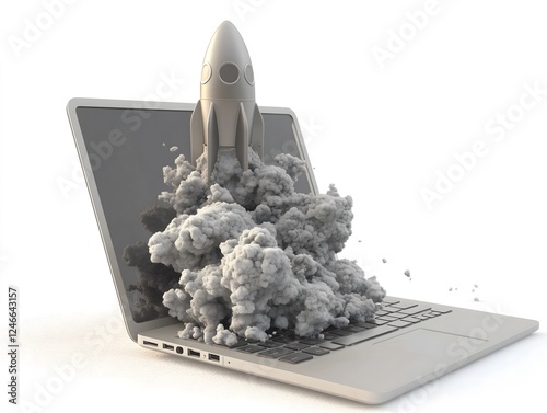 Laptop Launch:  A silver laptop with a  rocket taking off from the screen, leaving behind a cloud of smoke, symbolizing a dynamic business launch, innovative tech startup,  or a rapid growth strategy.
