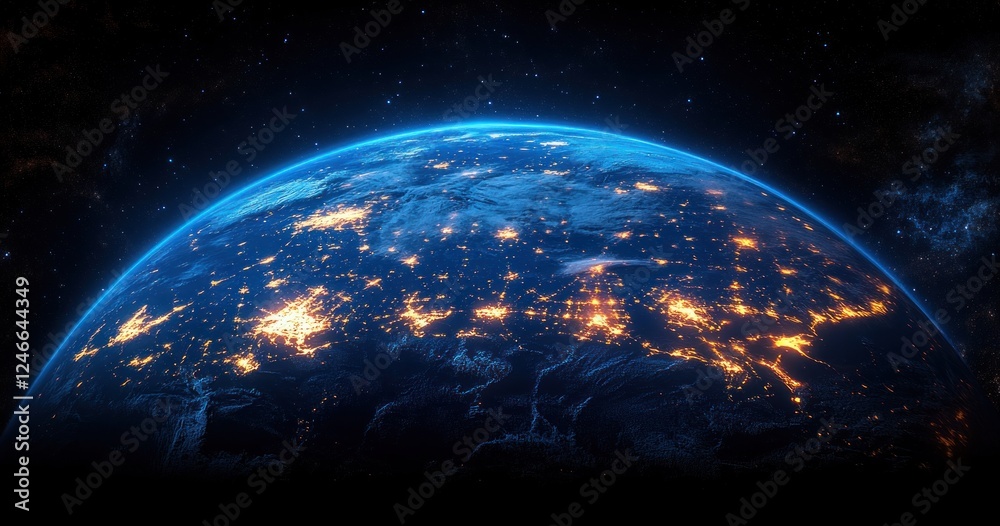 Obraz premium Earth from Space Cyberpunk Illustration of Europe with City Lights and Teal Outline of Political Borders