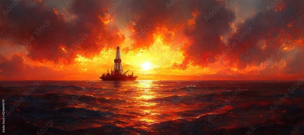 Offshore Oil Rig and Ship at Sunset in Dramatic Seascape Offshore Oil Rig and Ship at Sunset in Dramatic Seascape
