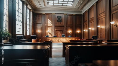 Elegant Wooden Courtroom Interior With Natural Light Illuminating the Space During a Quiet Moment of Trial Preparations