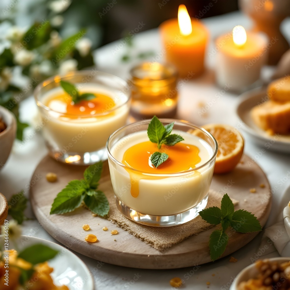 A beautifully arranged dessert table showcasing milky pudding with honey, garnished with mint leaves, alongside other desserts. The setting is elegantly decorated with soft candlelight. A beautifully arranged dessert table showcasing milky pudding with honey, garnished with mint leaves, alongside other desserts. The setting is elegantly decorated with soft candlelight.
