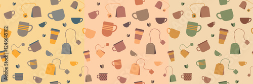 Seamless pattern with cups and tea bags, beige brown color, tea ceremony theme, cafe