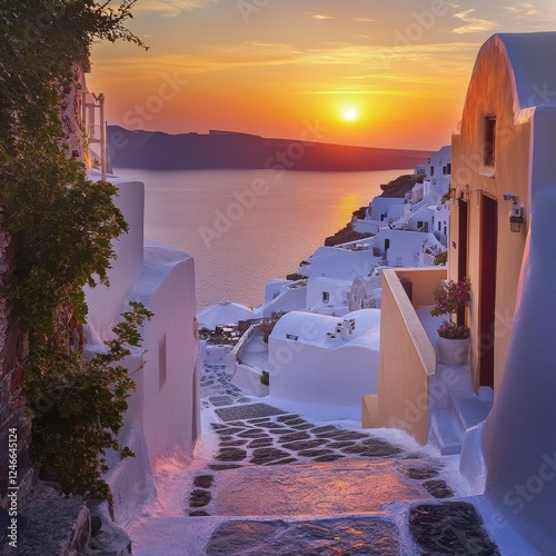 Santorini sunset by the sea photo