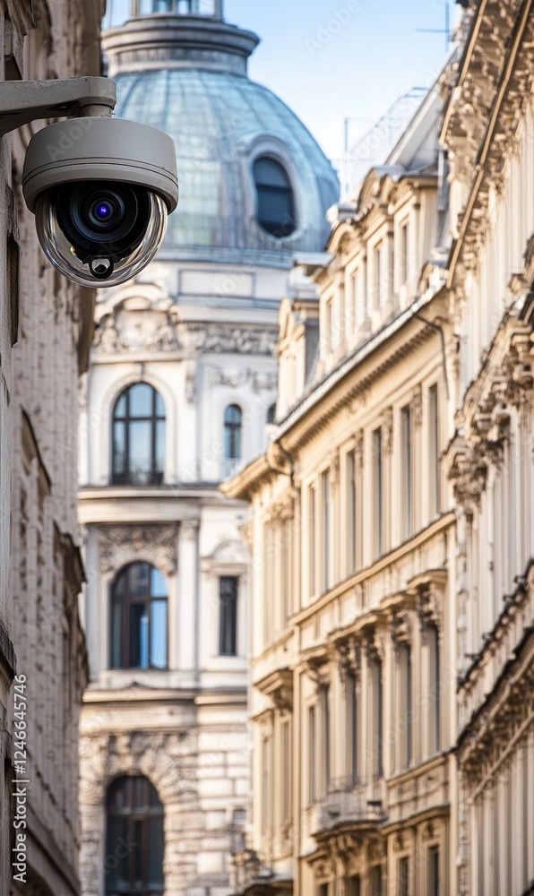 Fototapeta premium Security camera monitoring historic European city street with ornate buildings